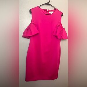 Ted Baker Dress Womens Size 5 Pink Cold Shoulder Ruffle Sleeve Fitted, Scuba